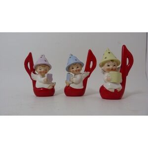 Vintage Japan Ceramic Angel Music Note Figurines Set of 3 Pastel Bell Hats